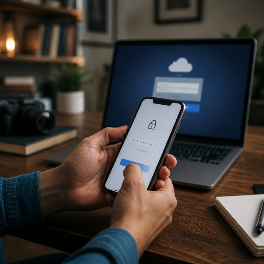 Hands using a smartphone for two-factor authentication to keep cloud photo storage safe and secure.