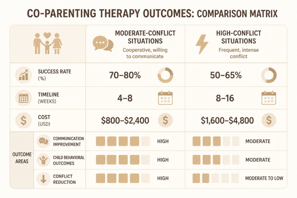 Comparison matrix showing co-parenting therapy outcomes: moderate-conflict situations (success rate 70-80%, timeline 4-8 weeks, cost $800-2400) vs. high-conflict situations (success rate 50-65%, timeline 8-16 weeks, cost $1600-4800) with columns for communication improvement, child behavioral outcomes, and conflict reduction