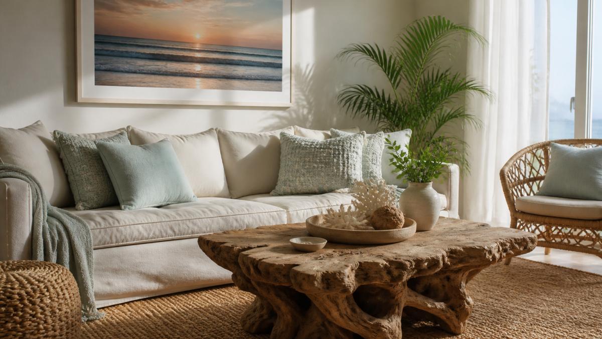 A bright, airy living room with a linen sofa in soft cream, pale aqua cushions, a driftwood coffee table, and a large framed coastal sunset print on the wall above the sofa. :::takeaway Choose your largest piece first, then build the palette around it. Rooms that start with a rug or sofa look intentional. Rooms that start with accessories look cluttered. ::: ## Coastal Wall Art for Living Rooms: Choosing Pieces That Last Coastal wall art for living rooms should feel like a window, not a souvenir. The strongest pieces capture a real place and a real moment, so they stay interesting for years. Our framed [Mullion Cove Sunset print