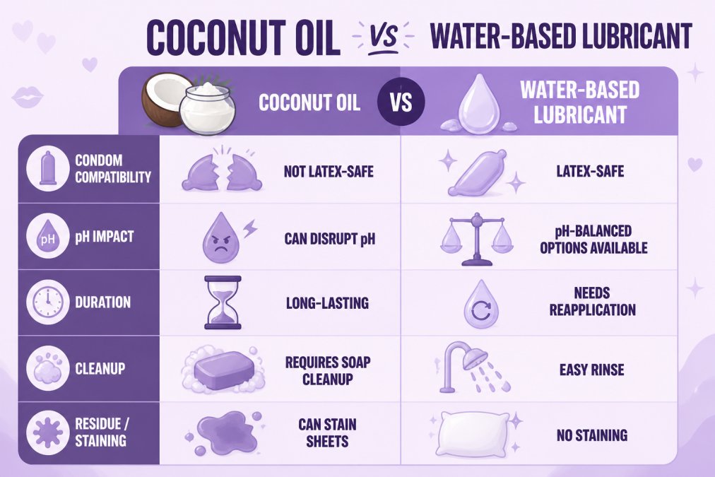 Comparison matrix of coconut oil vs water-based lubricant across five factors: condom compatibility, pH impact, duration, cleanup, and residue/staining. Coconut oil: not latex-safe, can disrupt pH, long-lasting, requires soap cleanup, can stain sheets. Water-based: latex-safe, pH-balanced options available, needs reapplication, easy rinse, no staining