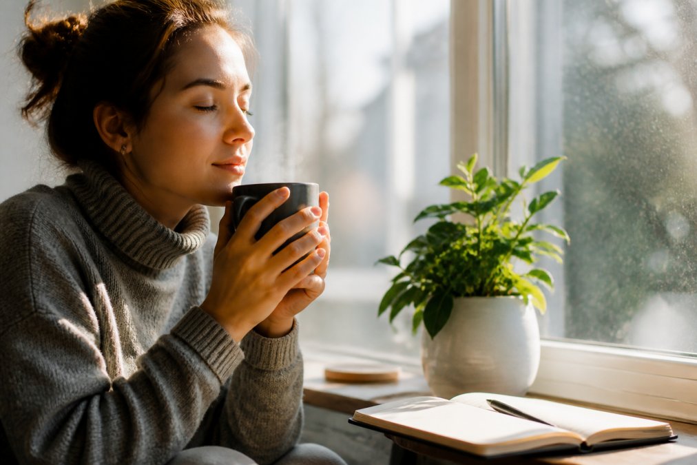 Person enjoying a mindful morning with a warm, healthy coffee by a sunny window with a journal and plant nearby