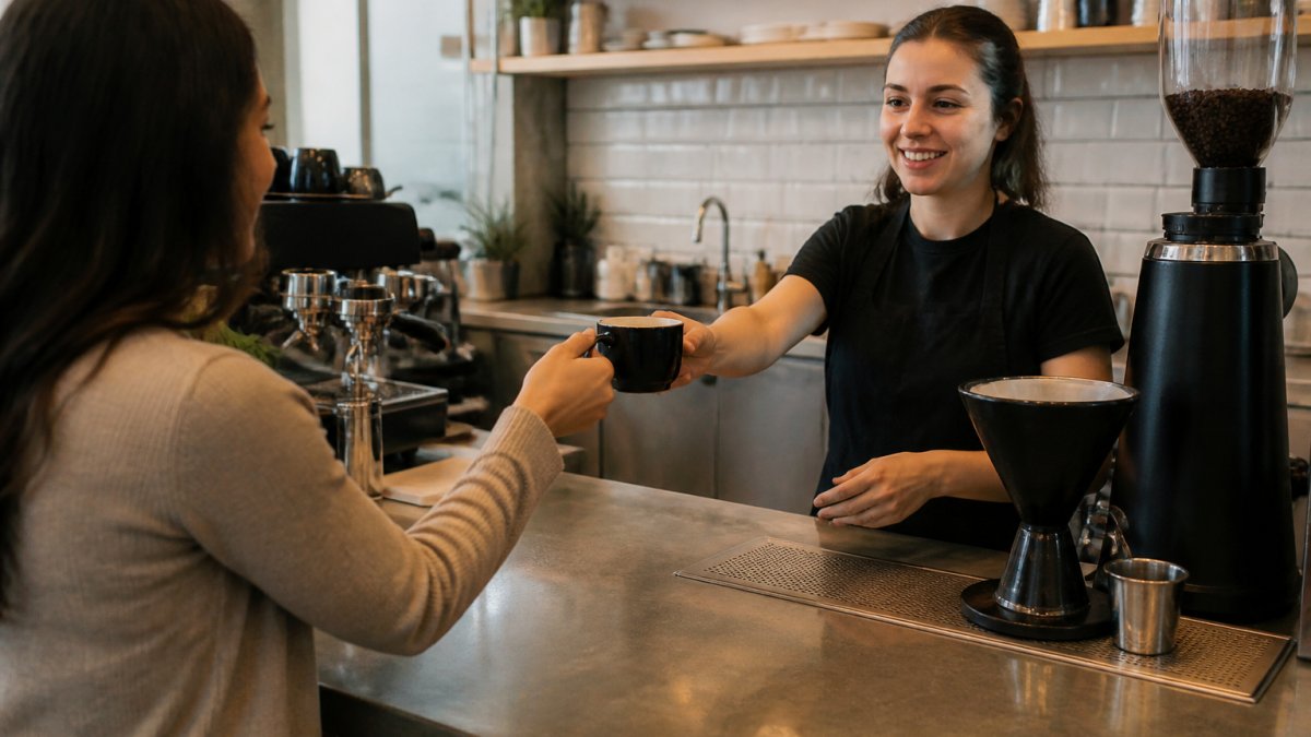 A barista at a coffee shop counter handing a plain black coffee to a customer, with clean equipment visible behind the bar