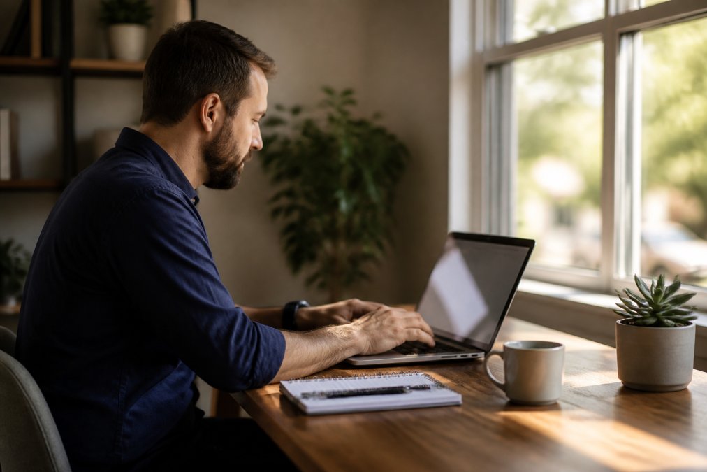 Person sitting at home office desk with laptop open, accessing their subscription account dashboard to manage coffee order settings and cancellation options, natural afternoon light streaming through window
