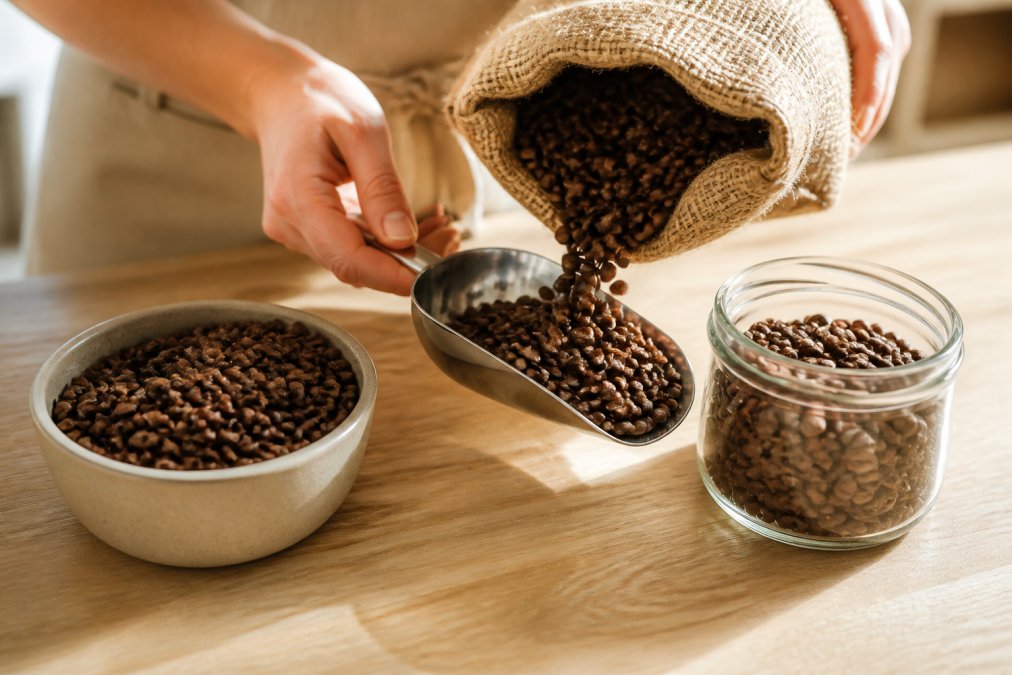 A person's hand pouring whole roasted coffee beans from a burlap sack into a small metal scoop, warm natural light, shallow depth of field