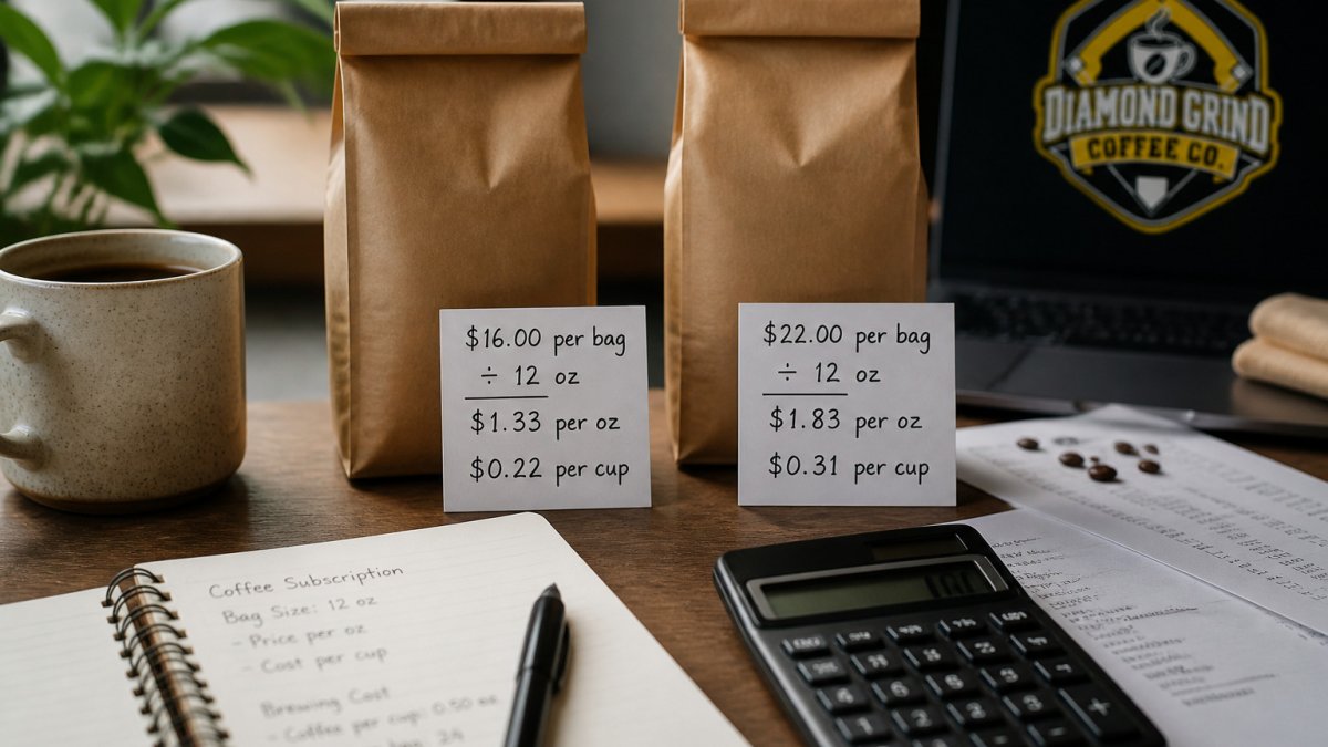 Infographic comparing the cost per ounce and price per cup of two different coffee bag options