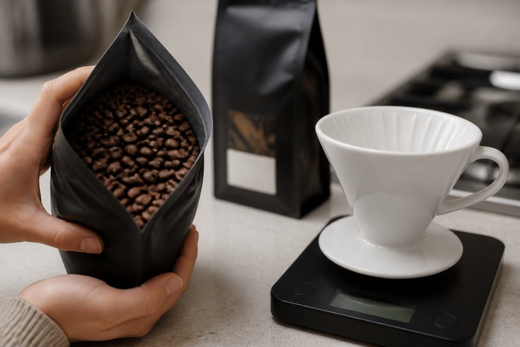 A person's hands holding a freshly opened bag of whole coffee beans next to a kitchen scale and a ceramic coffee dripper, with a grocery store coffee bag blurred in the background