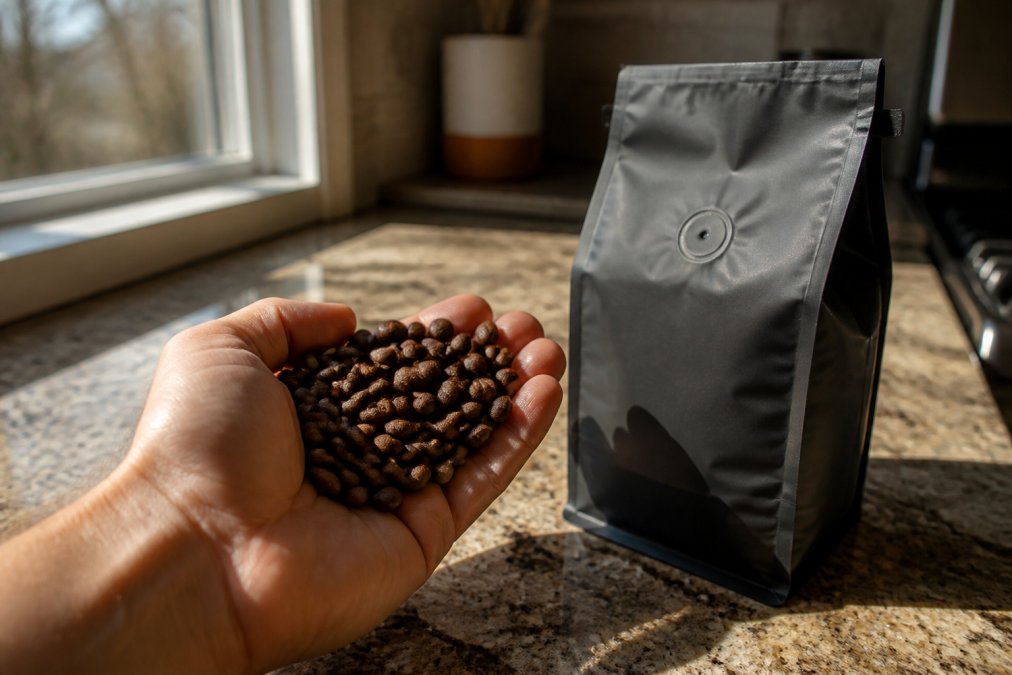 Close-up of freshly roasted specialty coffee beans in a hand next to a sealed grocery store coffee bag on a kitchen counter with morning sunlight streaming through a window