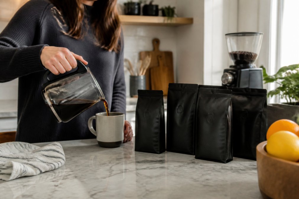 Person pouring freshly brewed coffee into a ceramic mug at home with multiple sealed bags of specialty coffee beans visible on the kitchen counter and a grinder in the background