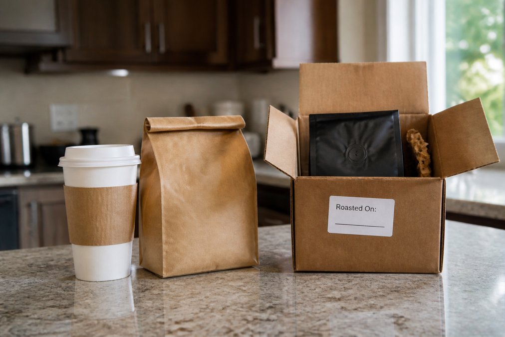 A kitchen counter with three coffee options side by side: a cafe to-go cup, a grocery store bag of beans, and a freshly delivered subscription box with roast date visible, shot in natural morning light