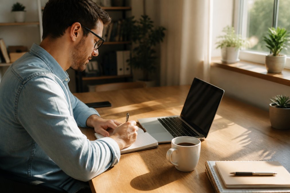 Remote worker at home office desk with fresh coffee cup and laptop, morning light streaming through window, coffee cup positioned beside keyboard