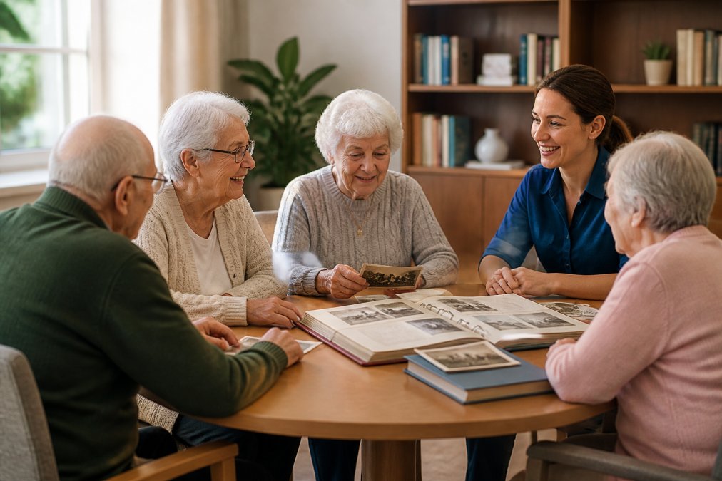 A small group of older adults sitting around a table with a facilitator, looking at photo albums and engaging in conversation in a bright, comfortable room with soft natural light