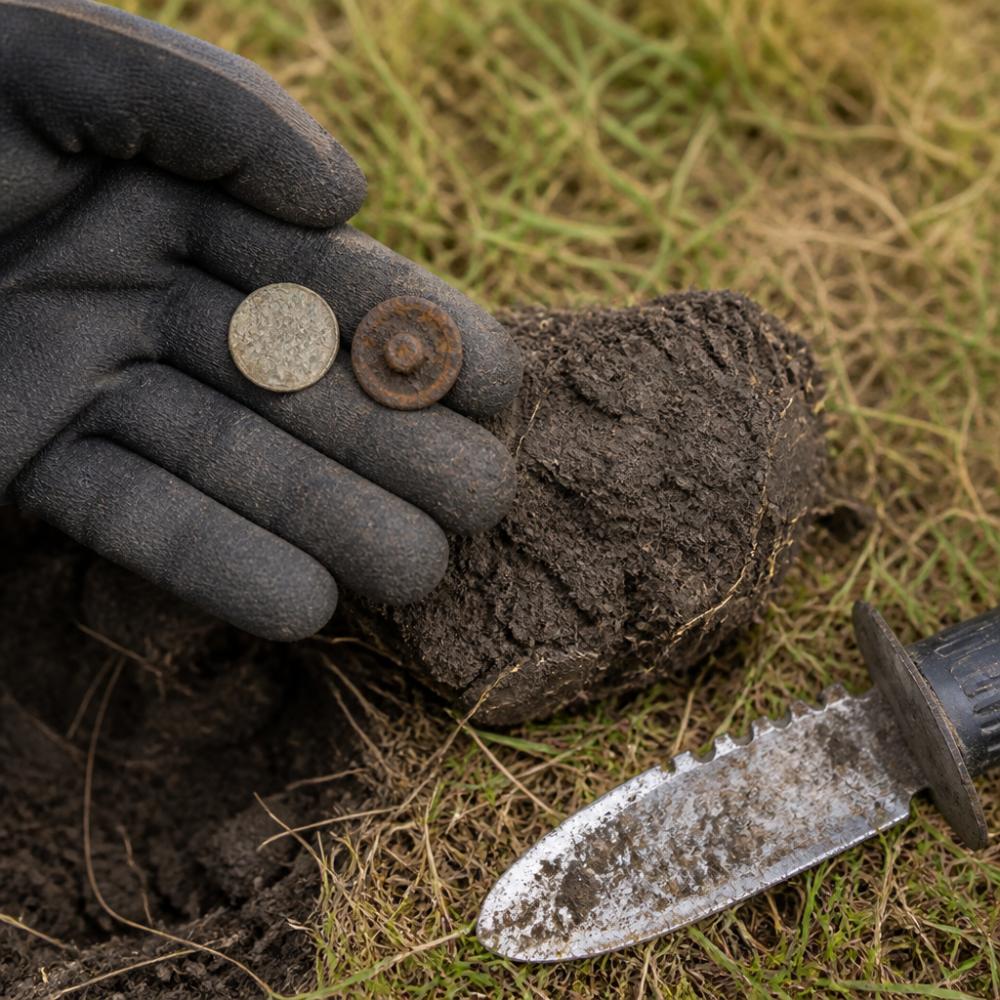 Gloved hand holding a silver coin and rusted button while coin relic hunting in a freshly dug soil plug.