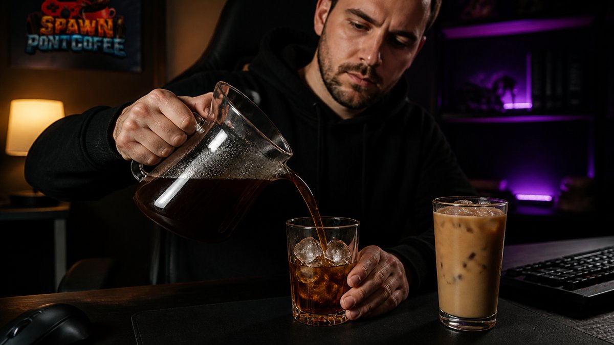 Gamer pouring cold brew into a glass tumbler near a glowing mechanical keyboard in a dark room