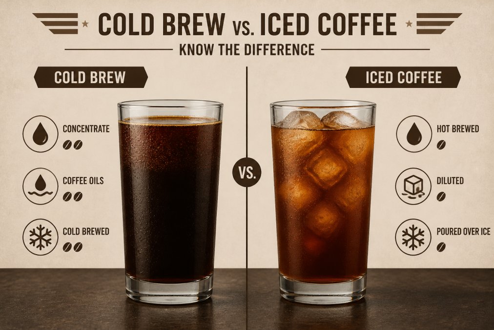 Two tall glasses side by side on a dark surface, one containing dark cold brew concentrate with visible coffee oils, the other containing hot-brewed coffee poured over ice cubes showing visible condensation and lighter color