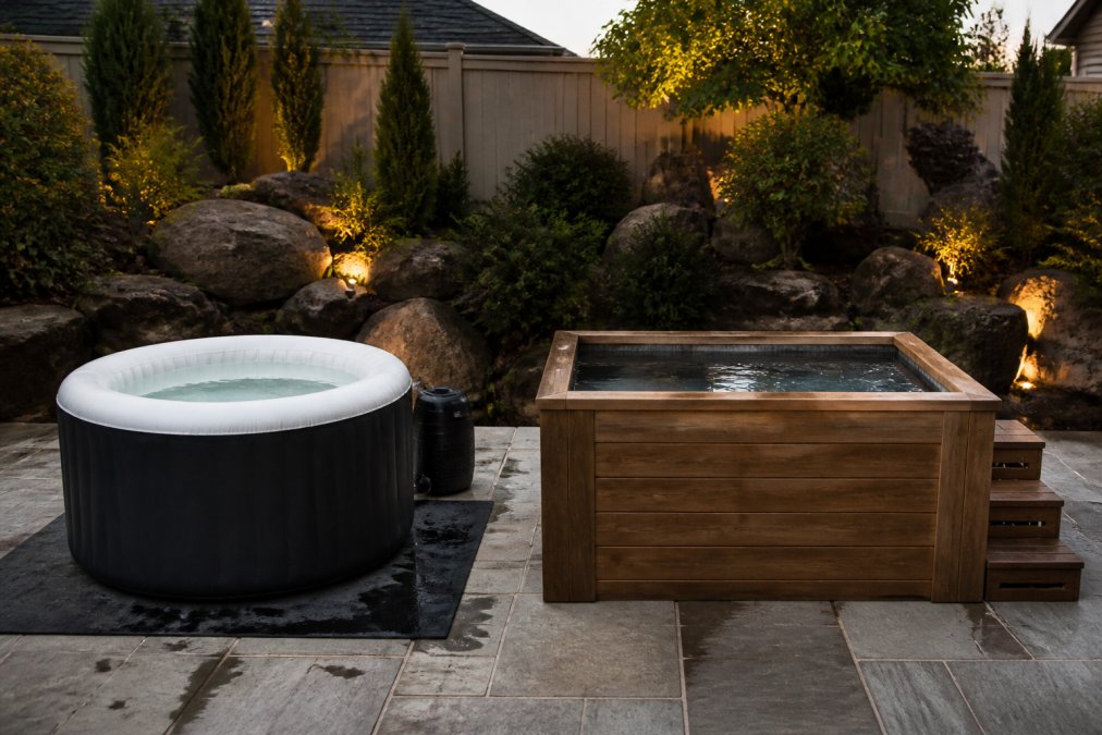 A modern backyard patio featuring a premium ThermoWood cold plunge tub with crystal-clear water, surrounded by natural stone and soft evening lighting