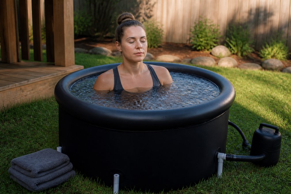 A person sitting calmly in a portable outdoor ice bath tub in a backyard setting, a folded towel on the grass beside them, morning light casting soft shadows, expression focused and relaxed