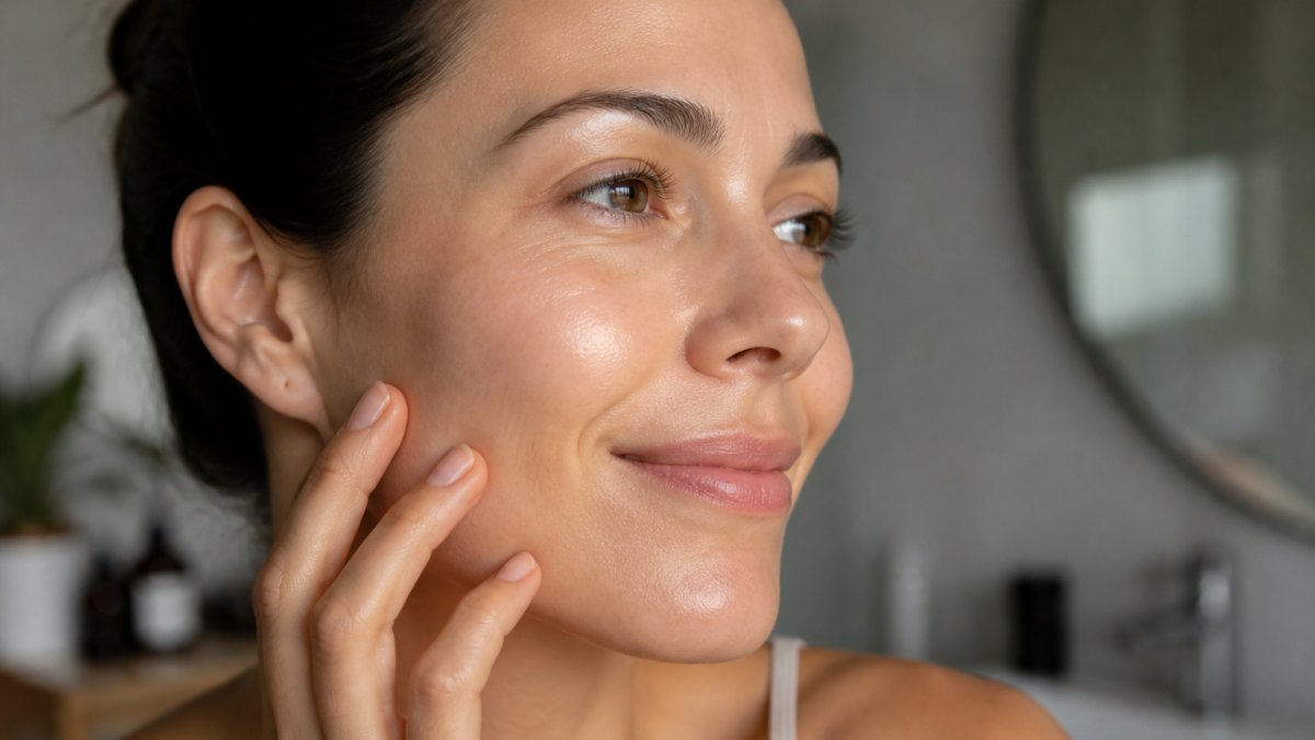 Close-up of a woman's face showing healthy, hydrated skin with visible smoothness and firmness, natural lighting highlighting skin texture and radiance