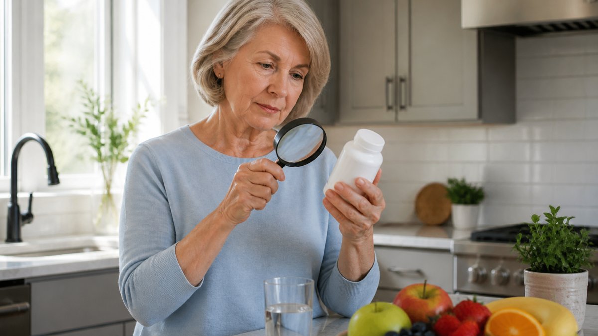 A woman in her late 60s standing in a bright kitchen, holding a supplement bottle and reading the label with a magnifying glass, with fresh fruit and a glass of water on the counter nearby