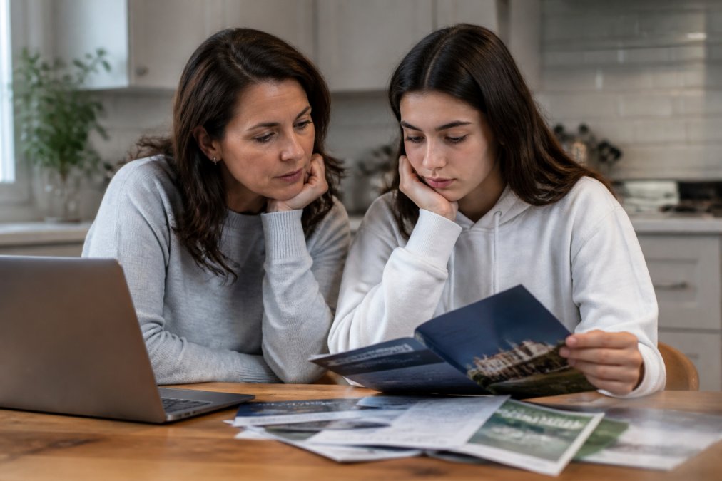 A parent and teenager sitting at a kitchen table, reviewing college brochures and a laptop, with a mix of hope and concern on their faces