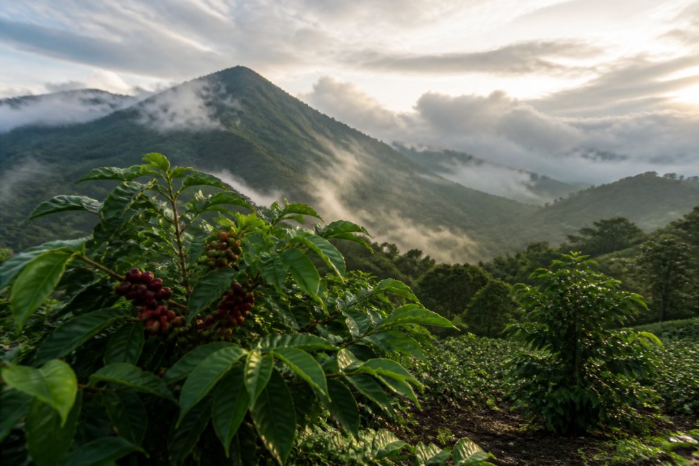 Lush green coffee plants growing on misty mountainside at high altitude with volcanic soil visible at the base, early morning light filtering through clouds