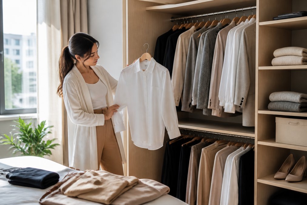 Professional woman selecting a button-front shirt from a closet of comfortable workwear and tailored trousers