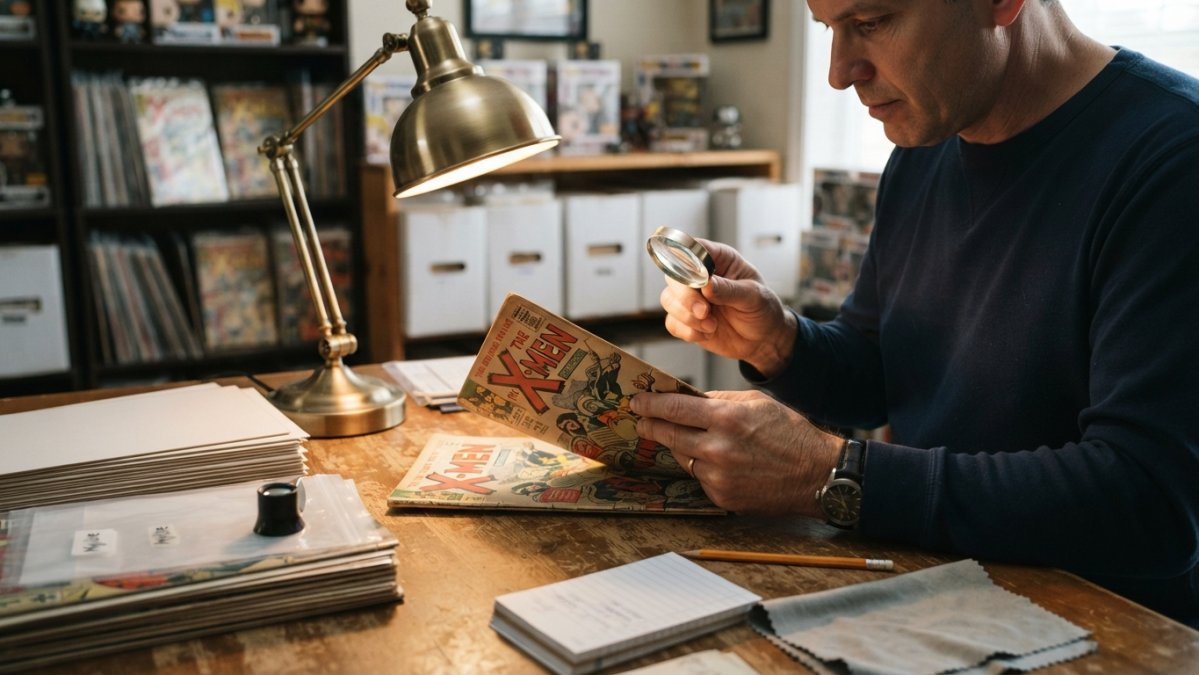A collector's hands examining a vintage comic book under a bright desk lamp, with a magnifying glass and a stack of comic boards nearby on a wooden table