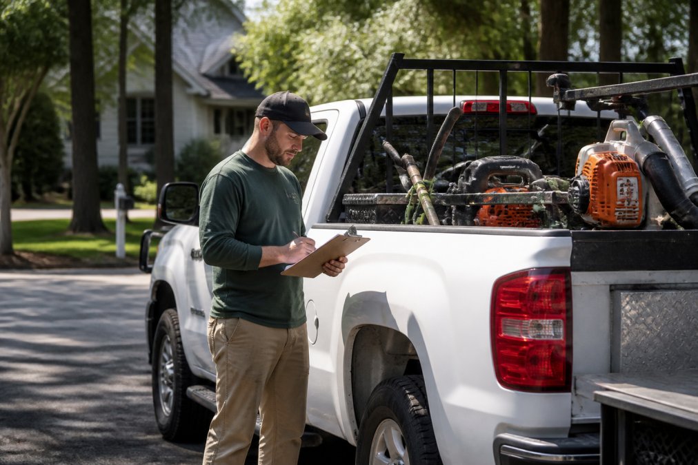 Landscaper reviewing paperwork by a work truck covered by commercial auto insurance in a neighborhood.