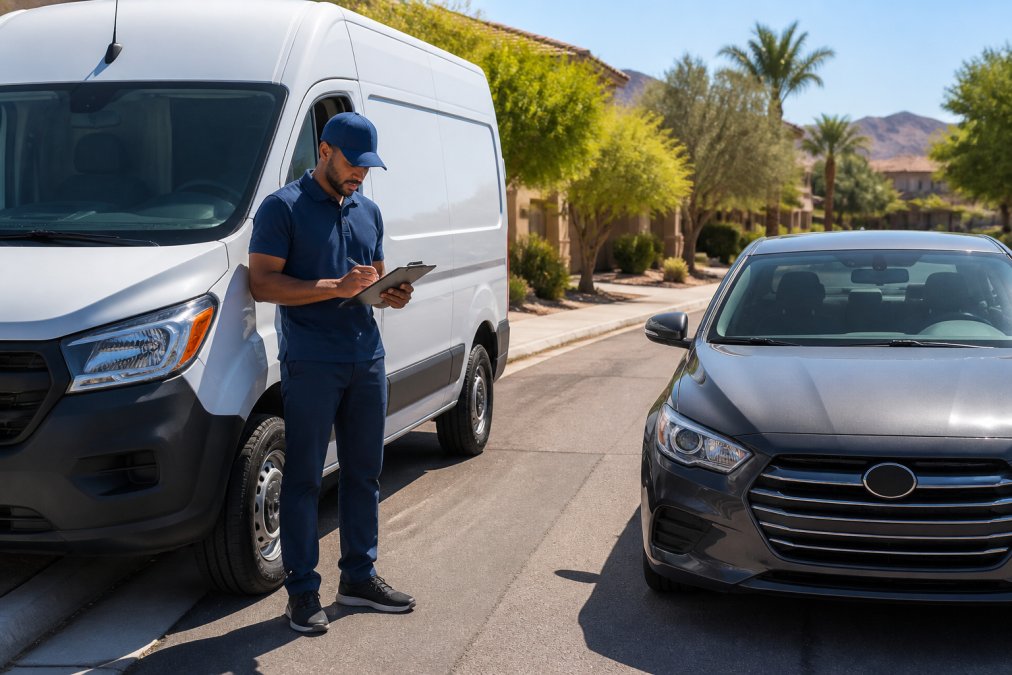 A delivery driver in a branded van checking a clipboard next to a parked vehicle in a sunny Nevada neighborhood