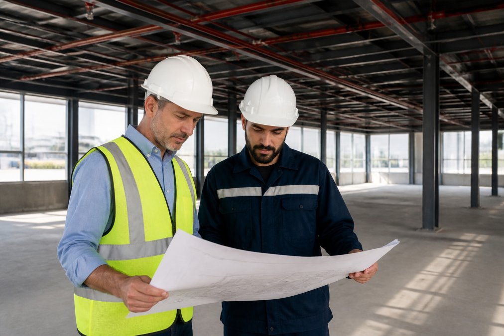 A commercial property manager in a hard hat reviewing sprinkler system blueprints with a fire protection engineer on-site, natural daylight through warehouse windows
