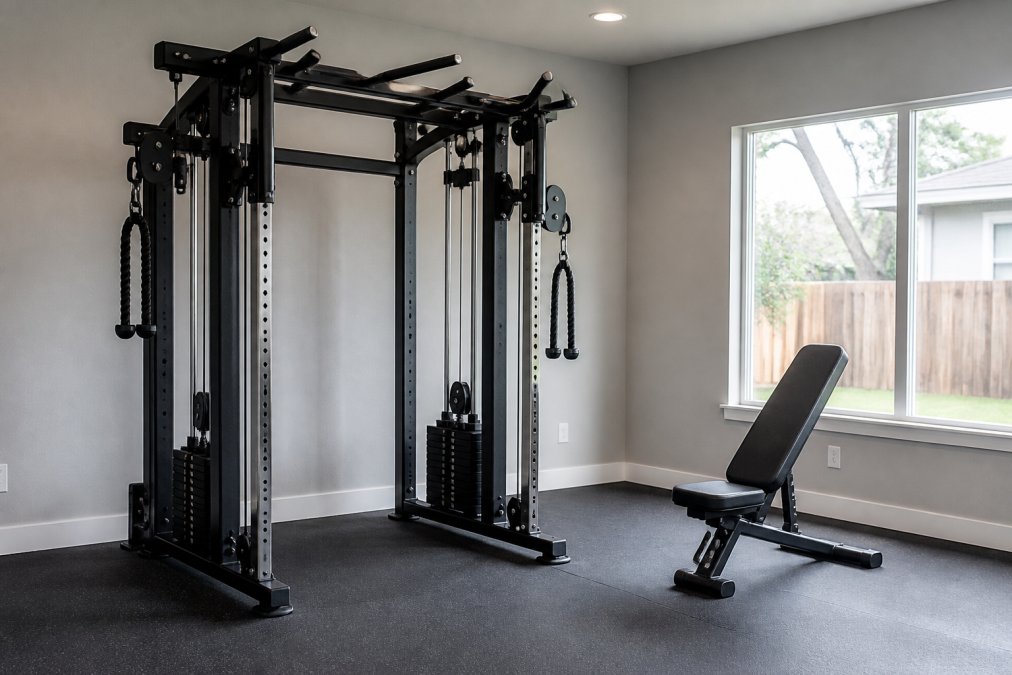Heavy-duty commercial cable crossover machine with thick steel frame and industrial components positioned next to a compact residential weight bench in a home gym, showing clear size and construction differences