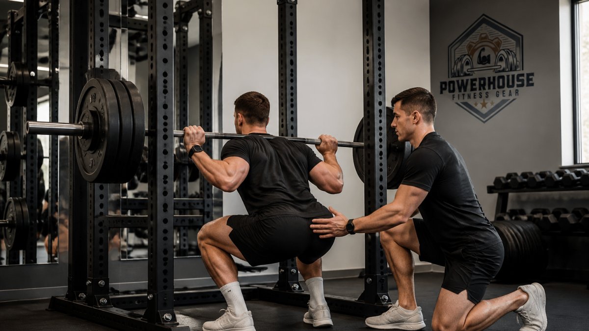 Professional demonstrating proper lifting form on commercial-grade power rack with heavy steel construction, showing visible frame thickness and welding quality in a bright gym setting