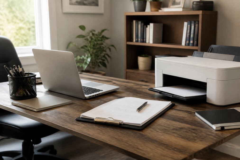 Home office desk with laptop and equipment next to a homeowners insurance policy document for business protection