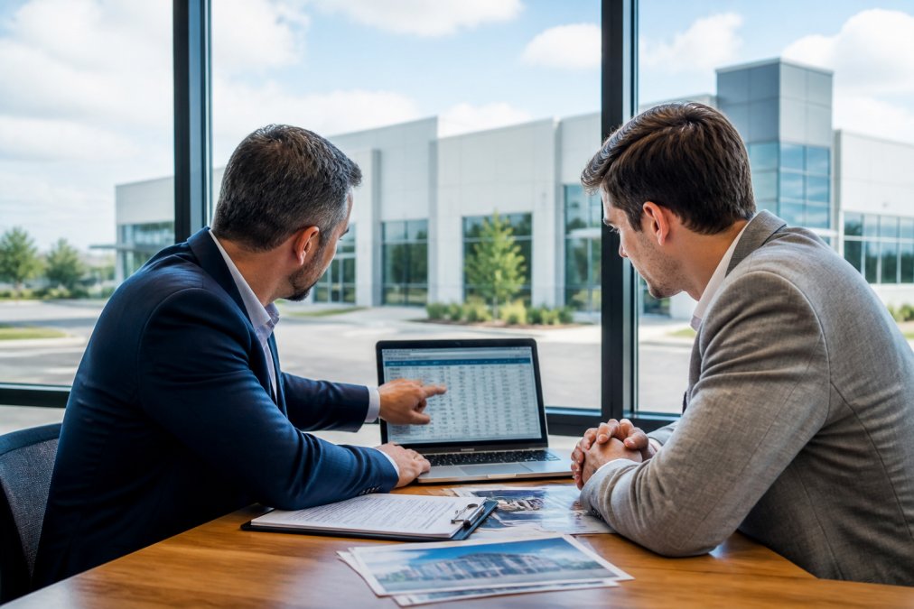 Business owner and lender reviewing commercial real estate financing cash flow numbers on a laptop screen