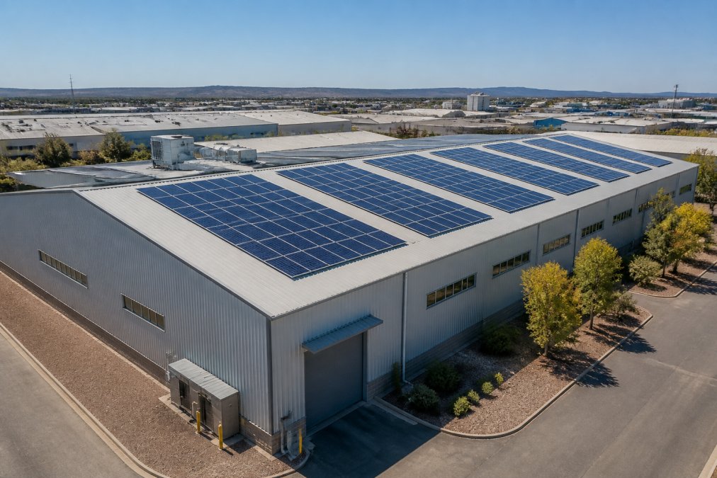 A commercial building in an Australian industrial estate with solar panels covering the roof, viewed from a slight angle to show the scale of the array under bright midday sun