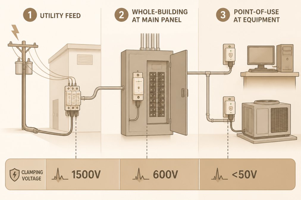 Three-layer commercial surge protection diagram showing utility, main panel, and point-of-use clamping levels.