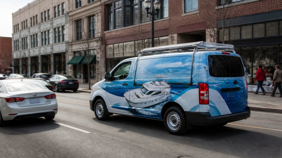 Professional branded commercial van with full wrap graphics driving on busy urban street, showing vehicle visibility to pedestrians and passing traffic in daylight