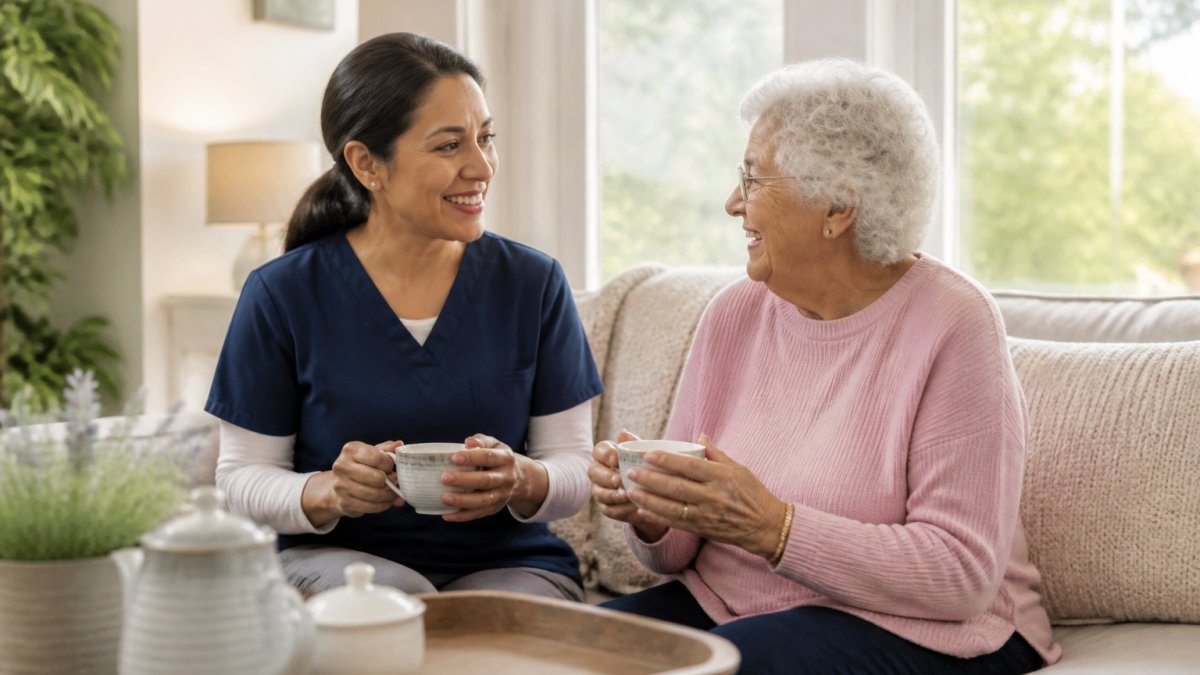 Caregiver and senior sharing tea in a sunny living room, showing if is companion care good for isolated seniors.
