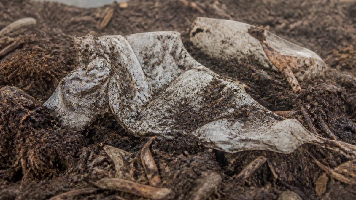 Close-up of compostable coffee bag material partially decomposed in dark, rich compost with visible organic matter, wood chips, and soil texture in industrial composting windrow