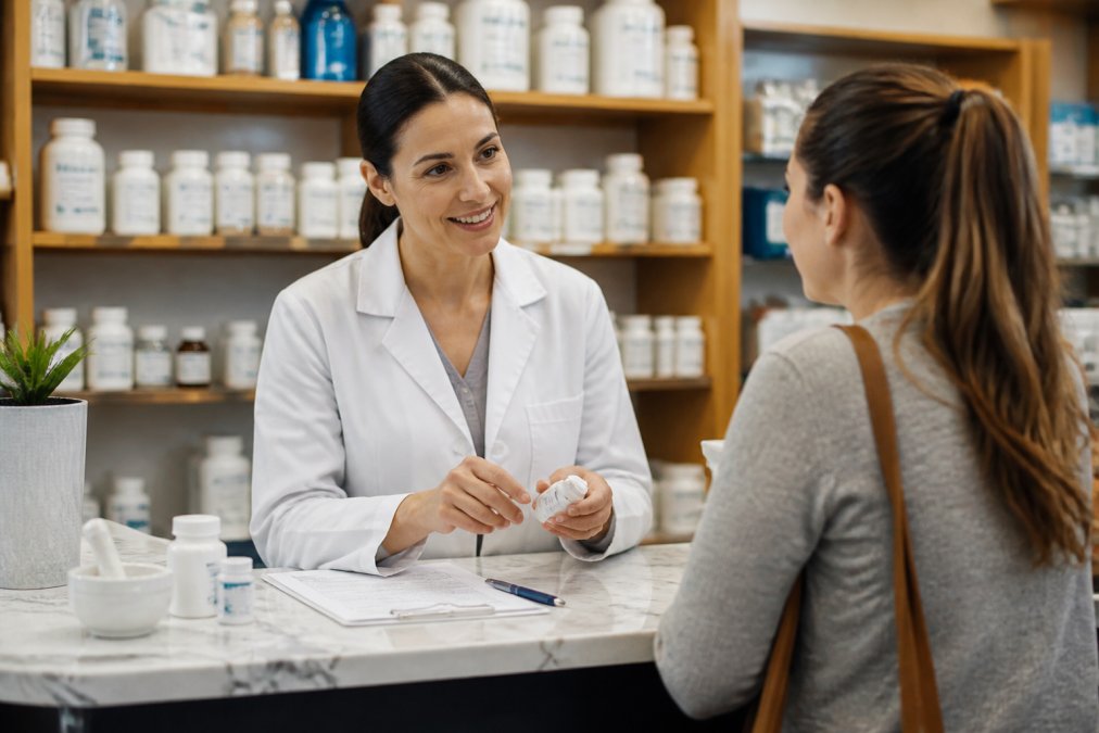 A patient speaking with a licensed pharmacist at a professional compounding pharmacy counter, with prescription bottles and medical documentation visible, natural lighting