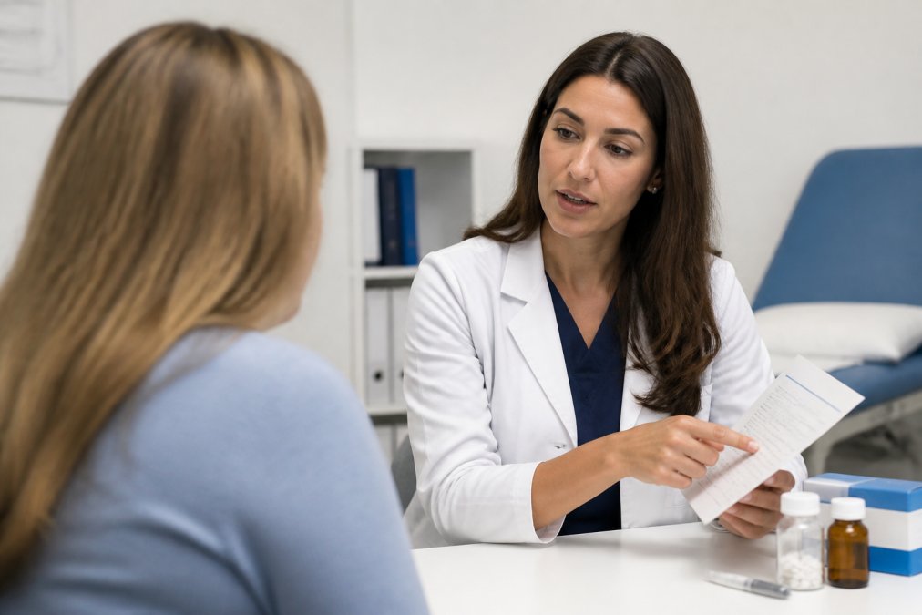 A physician discussing medication options with a patient during a consultation, pointing to medication information on a tablet or document, professional clinical setting