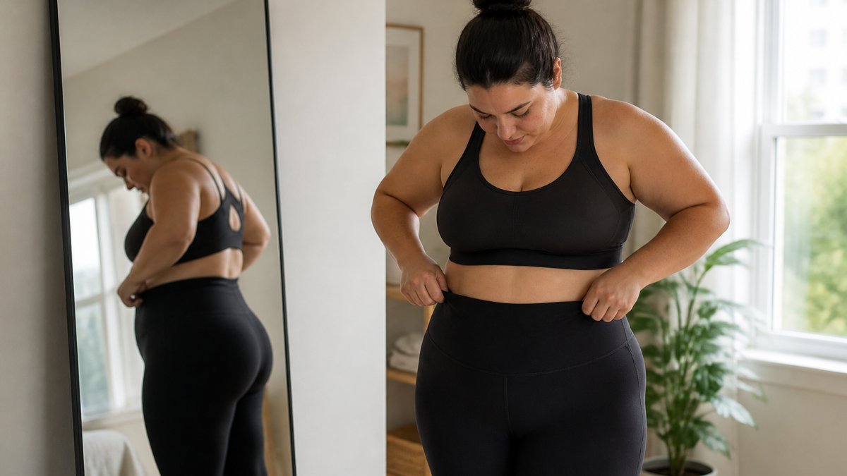 A plus-size woman in high-waist black compression leggings checking the flat waistband fit in a bright home setting, mirror nearby, natural light