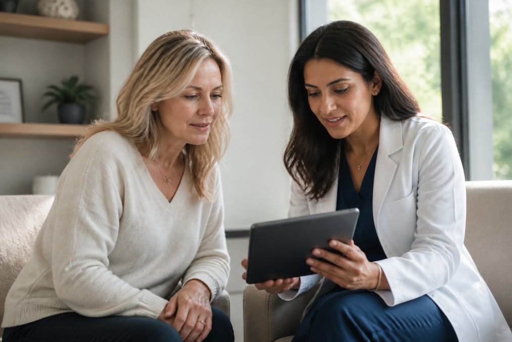 A female physician in a bright modern office reviewing lab results on a tablet with a woman in her late 40s, both seated comfortably, warm natural light through large windows