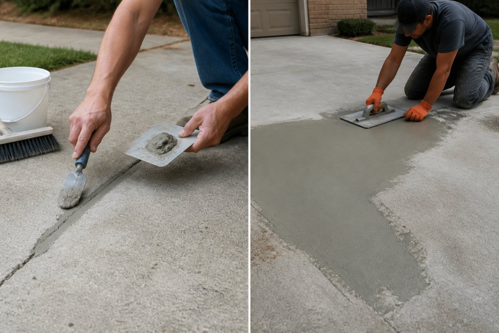 Hands of a homeowner applying concrete patch filler to a driveway crack using a putty knife and trowel, with cleaning brush and bucket nearby on a sunny driveway