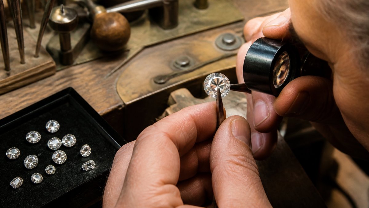 Jeweler examining an antique-cut diamond with a loupe at a workbench surrounded by vintage tools