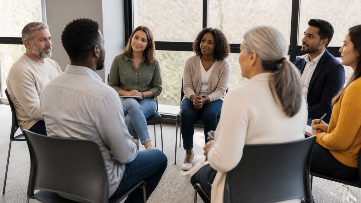 Diverse team of professionals engaged in active listening during a workshop, sitting in a circle with focused, open body language and engaged expressions in a modern training room