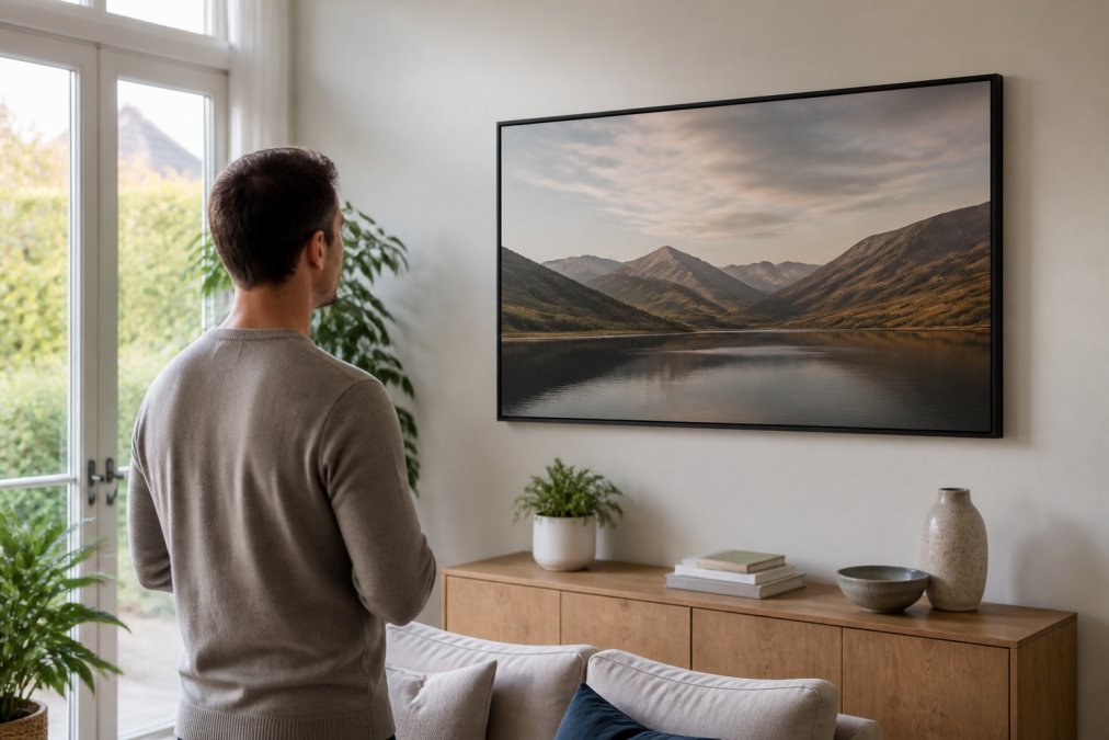 Homeowner standing in front of a living room wall examining a framed contemporary landscape canvas print, natural daylight from windows illuminating the artwork and the space around it
