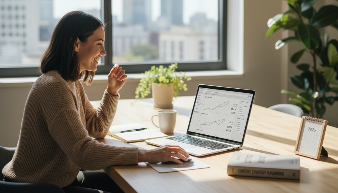 A marketing professional reviewing organic traffic growth on a laptop dashboard in a bright modern office, looking satisfied with results on screen, natural window light casting soft shadows across the desk