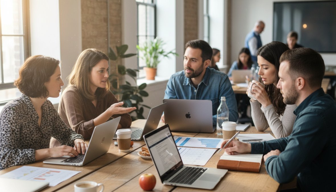 A diverse team of content marketers collaborating around a conference table with open laptops, printed keyword research sheets, and coffee cups, actively discussing content strategy in a bright modern office with floor-to-ceiling windows