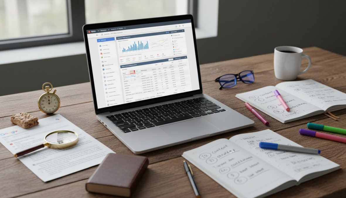 Close-up of hands typing on a laptop keyboard with an SEO analytics platform displaying keyword rankings and optimization scores on screen, a notepad with handwritten keyword research notes beside the laptop, warm desk lamp lighting