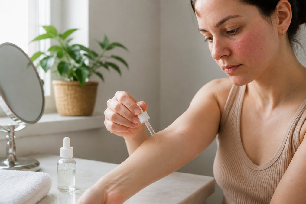 Woman with sensitive skin patch testing serum on her forearm to see if copper peptide is safe for rosacea.